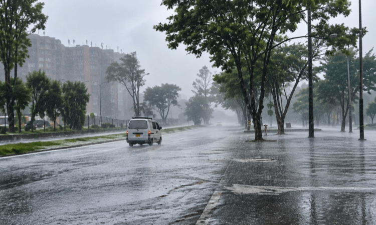 Vehículo circula por una vía inundada durante una fuerte lluvia, mientras árboles se observan a los lados de la calzada bajo cielo gris en granizada en Bogotá.