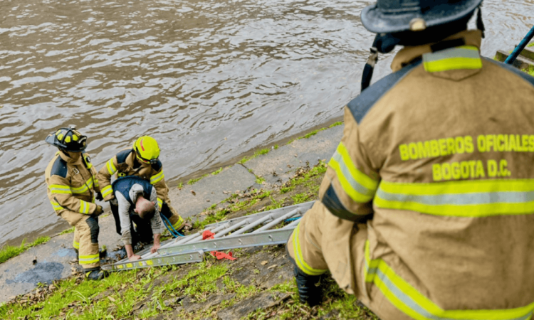 Bomberos rescatando a dos hombres que cayeron al canal de la avenida NQS.