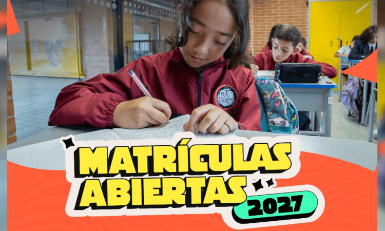 Foto que muestra una niña escribiendo en un cuaderno y el texto 'Matrículas abiertas 2027'.