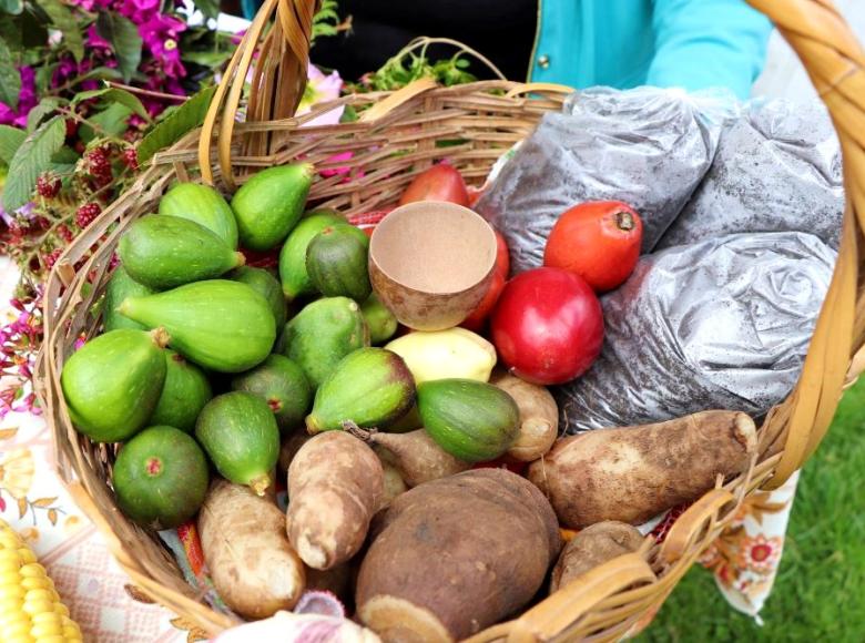 La alegría de estar juntas en esta jornada se expresó a través de la exhibición de los productos de la tierra que ellas mismas cultivan y recogen. 