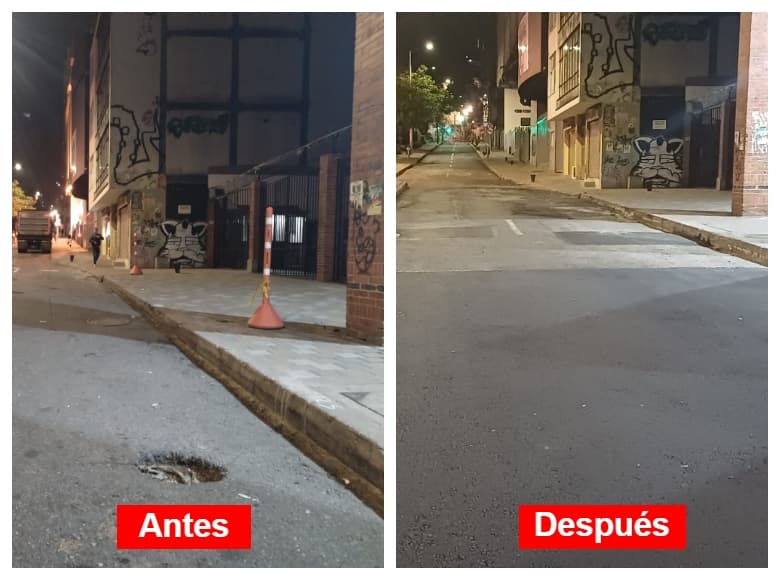 La Alcaldía de Bogotá lidera El Centro Vive, una iniciativa que busca embellecer y revitalizar este sector con acciones de todas las entidades. Aquí, se ve el antes y después de una intervención adelantada por la UMV en la calle 6a con carrera 24. 