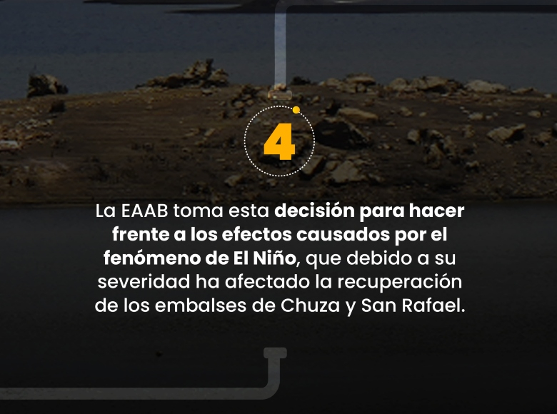 La EAAB toma esta decisión para hacer frente a los efectos causados por el Fenómeno de El Niño, que debido a su severidad ha afectado la recuperación de los embalses de Chuza y San Rafael.