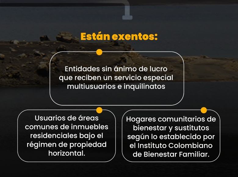 Esta medida exceptúa a los inquilinatos, entidades sin ánimo de lucro que reciben un servicio especial, multiusuarios, a los usuarios de áreas comunes de inmuebles residenciales bajo el régimen de propiedad horizontal. 