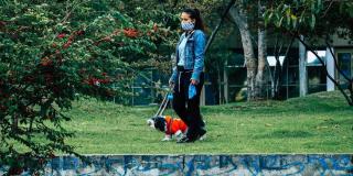 Persona paseando un perro en un parque.