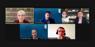 Webinar Can a city restructure around care economies? Photo: (L to R from top to bottom) Gabriella Gómez Mont, Javier Pérez Burgos, Diana Rodríguez, Claudia López, Soren Vester Haldrup, Giulio Quaggiotto. 