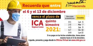El 13 de diciembre vence plazo para declarar y pagar ICA quinto bimestre 2021