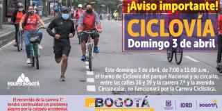 Cierres y desvíos que tendrá de la Ciclovía de Bogotá este 3 de abril