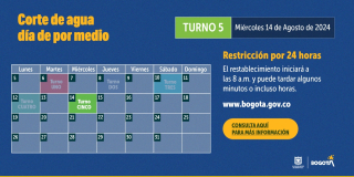 Racionamiento de agua en Bogotá miércoles 14 de agosto 2024
