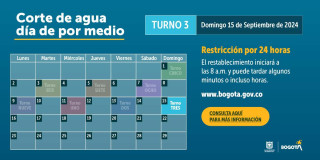 Racionamiento de agua en Bogotá para domingo 15 de septiembre 2024