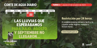Racionamiento de agua en Bogotá jueves 17 de octubre de 2024 
