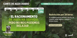 Racionamiento de agua en Bogotá y Soacha domingo 20 de octubre 2024 