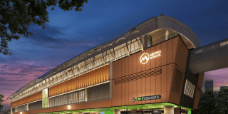 Foto de un un render nocturno de la moderna Estación 6 del Metro de Bogotá