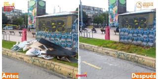 Foto que muestra un antes y después de una jornada de limpieza en Bogotá