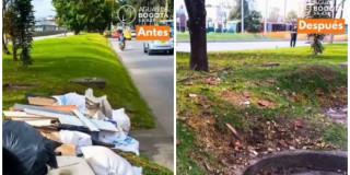 Foto que muestra antes y despues de un parque que fue intervenido con jornada de limpieza