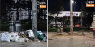 Foto que muestra canecas de la basura antes y después de la jornada de limpieza