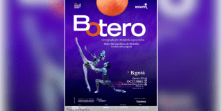 Imagen de un cartel azul rey en el que se encuentra la información del evento y donde se aprecian dos bailarines de ballet con una imagen de la luna redonda de fondo