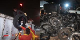 Fotos de funcionarios de la Alcaldía Local de Engativá realizando procesos de recolección de llantas.