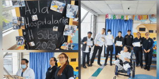 Fotos de un grupo de estudiantes celebra su grado en el Aula Hospitalaria del Hospital de Suba junto al equipo docente y de salud.