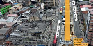 Foto de la avenida Caracas con la ubicación de la estación temporal Calle 22