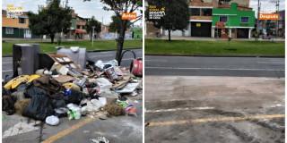 Foto que muestra antes y después de jornada de recolección de residuos en Bogotá