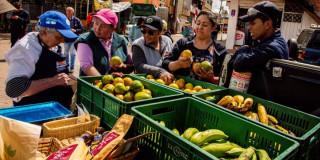 Foto de mujeres vendedoras de frutas en espacio público en Bogotá.