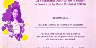 Imagen del reconocimiento otorgado por la Secretaría Distrital de la Mujer al IDRD