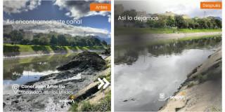 foto que muestra antes y después de la jornada de limpieza en el Canal Juan Amarillo