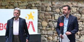 Foto del alcalde Carlos Fernando Galán y del gerente de la Empresa Metro, Leonidas Narváez durante rueda de prensa sobre la Línea 2 del Metro de Bogotá. 
