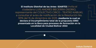 Imagen con información sobre el incumplimiento Beca para procesos de formación en la Localidad de Ciudad Bolívar 2022