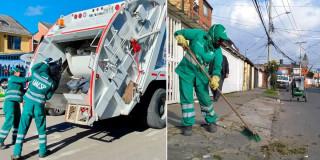 Foto de operadores de aseo realizando recolección de residuos y tareas de barrido.