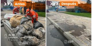 Foto que muestra residuos en la calle y personas haciendo limpieza