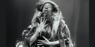 Imagen de un artista en escena que viste su traje de la obra.