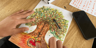 Imagen de una mano trabajando en su herbario pictórico.