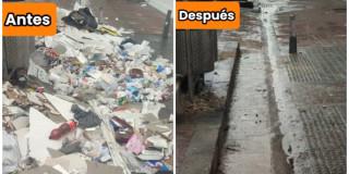 Foto que muestra en un lado residuos y en el otro un anden limpio 
