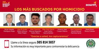 Cartel de los más buscados por homicidio en Bogotá.