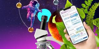 Imagen gráfica que muestra un astronauta y una mano sosteniendo un celular