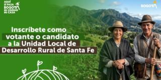 Foto de campesinos con imagen de la convocatoria de la Unidad Local de Desarrollo Rural de Santa Fe en Bogotá.