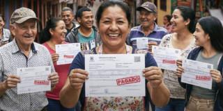 Personas sonriendo mostrando su recibo de pago del impuesto predial