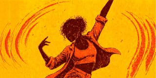Imagen en un fondo color naranja de una mujer bailando.