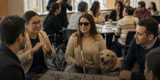 Foto de una mujer invidente con su perro guía en Bogotá.