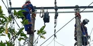Foto que muestra dos personas con uniforme de Enel Colombia en un poste de luz