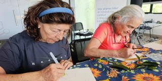 Mujeres mayores de Bogotá dibujan hojas sobre mesa con plantas y materiales