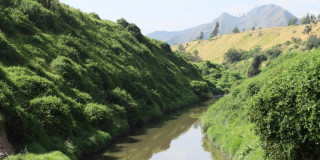 Quebrada estrecha entre laderas verdes, vegetación densa y montañas con agua tranquila bajo cielo claro.