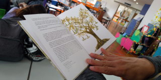 Imagen de libro abierto con un dibujo de árbol y unas manos sosteniéndolo 