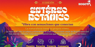 Pieza gráfica del II Festival Estéreo Botánico con texto que dice ´Vibra con sensaciones que conectan´, ilustraciones de montañas, aves y vegetación en tonos naranja, morado y amarillo.