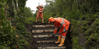 Foto que muestra dos personas con el uniforme de aguas de Bogotá instalando contrahuellas en un sendero ecológico