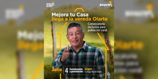 Imagen gráfica que muestra un señor sonriendo y el texto: Mejora tu casa llega a la vereda Olarte