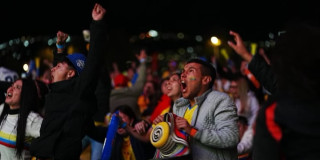 Multitud reunida en fanzone nocturno de Bogotá observa partido en pantallas gigantes, con asistentes levantando brazos, vistiendo prendas de la Selección Colombia