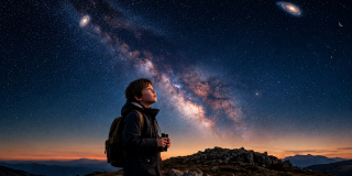 Imagen de un niño que mira al firmamento en una noche que cuenta con muchas estrellas.