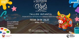Imagen promocional del taller en el que se ve un toro rojo en fondo azul oscuro.